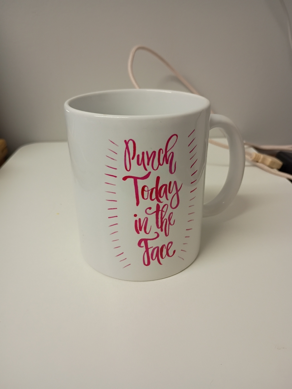 White Ceramic Mug with Pink Script 'Punch Today in the Face'